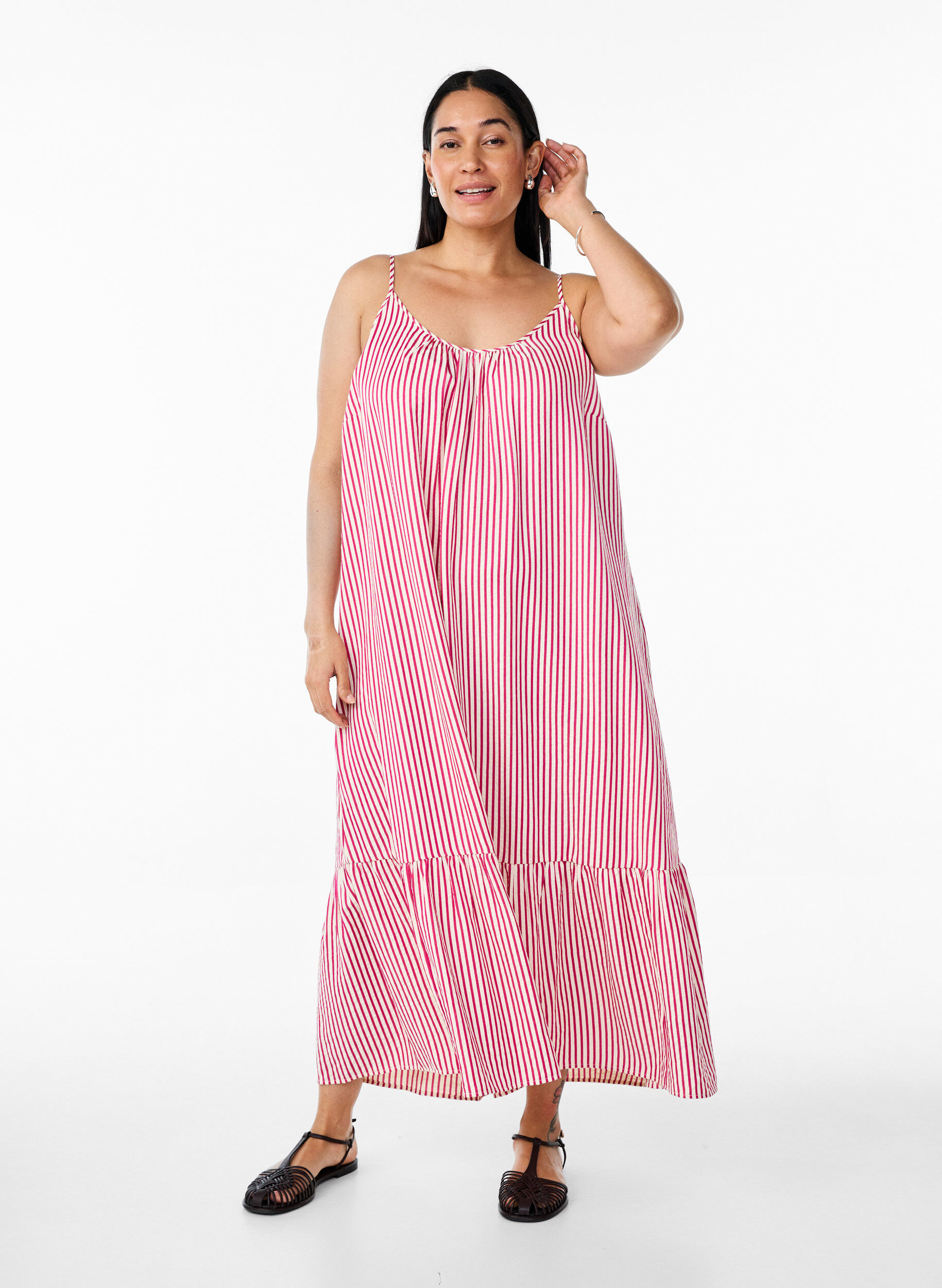 ZizzifashionSummer dress with stripes and A-line shape, Pink, Model image number 0