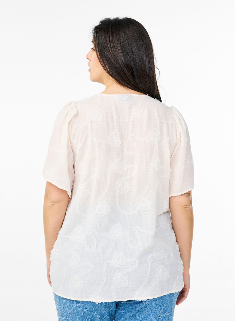 Short-sleeved shirt blouse with 3D floral effect, Beige, Model image number 2