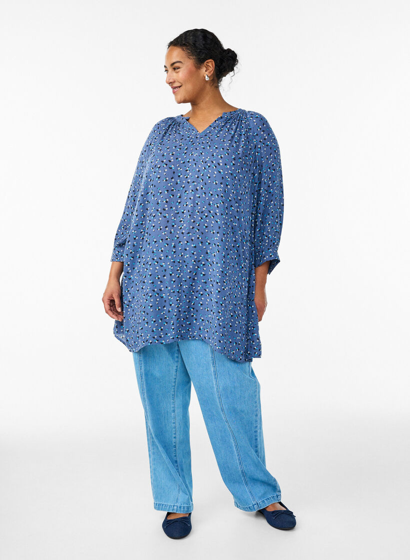 Tunic with floral print and 3/4 sleeves, Blue, Model image number 1