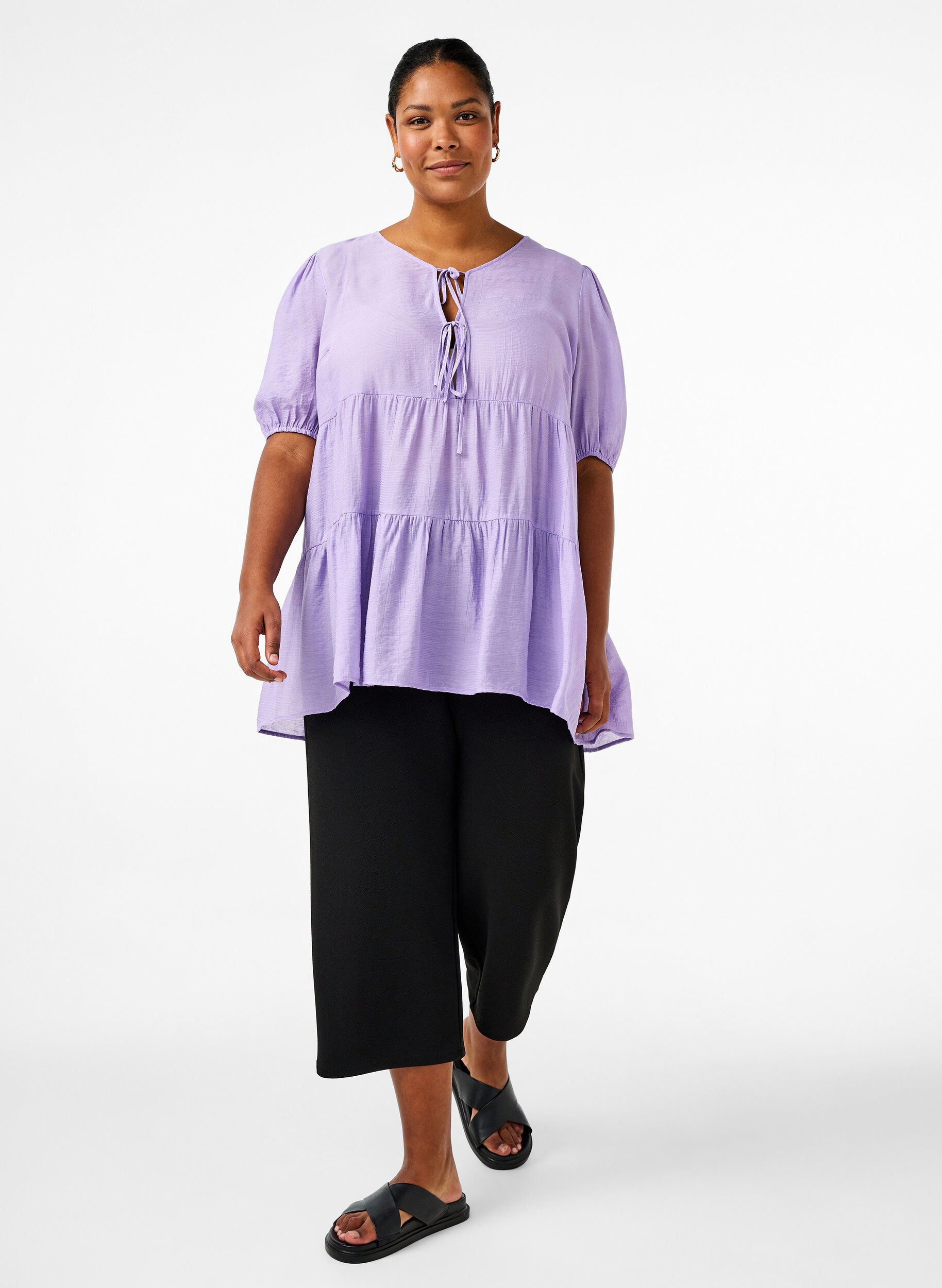 Zizzifashion A-line viscose tunic with lace-up detail, Purple, Model image number 1
