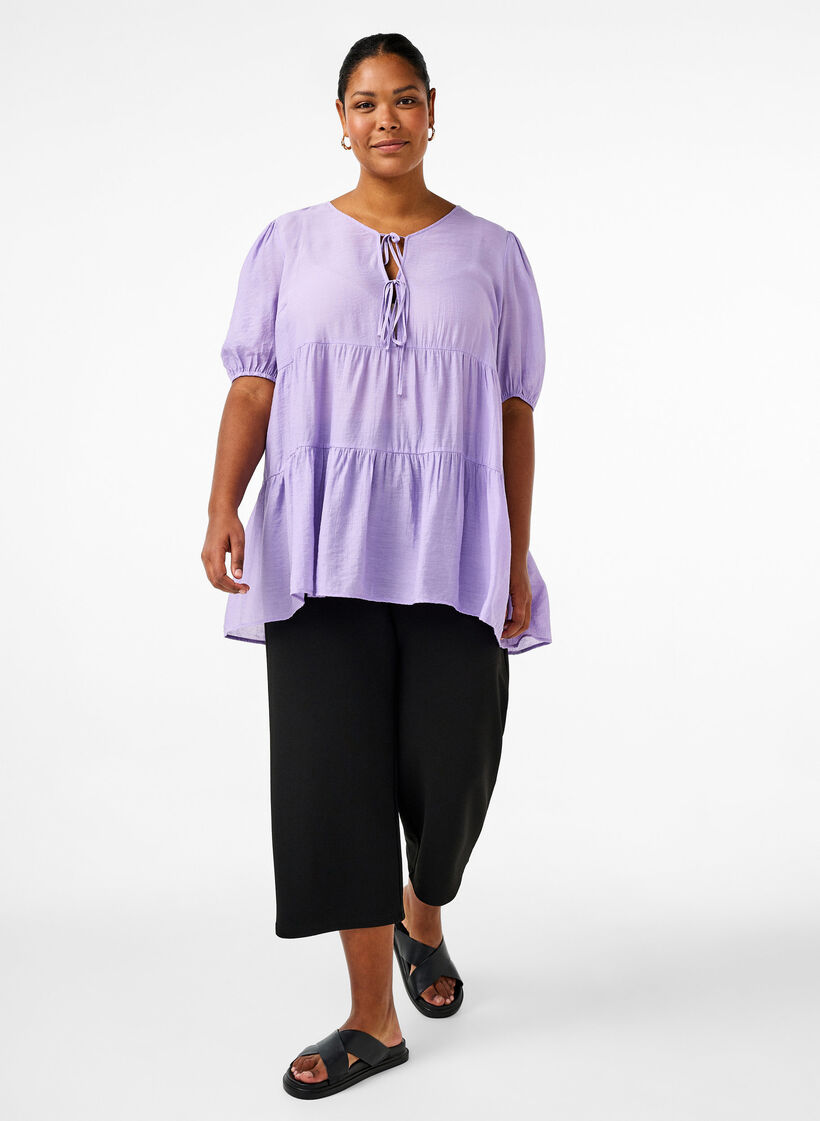 A-line viscose tunic with lace-up detail, Purple, Model image number 1