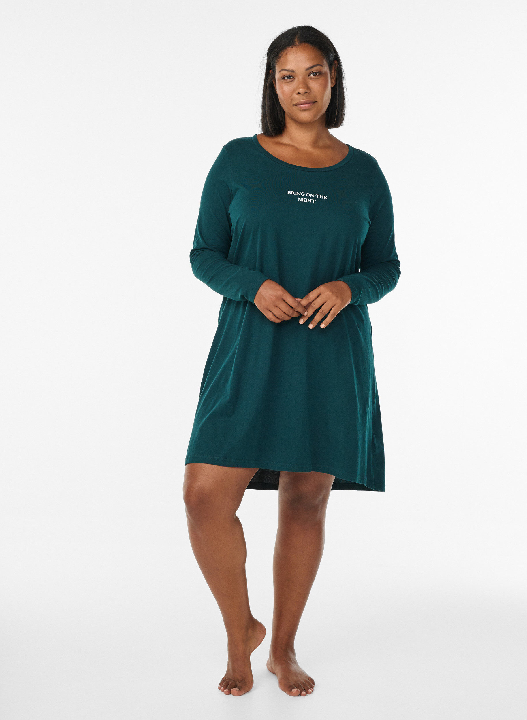 Zizzifashion Long-sleeved nightgown in organic cotton, Green, Model image number 1