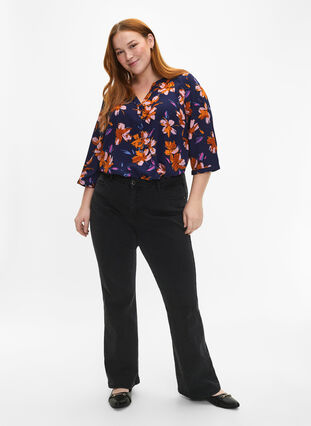 Floral blouse with 3/4 sleeves, Peacoat Flower AOP, Model image number 2