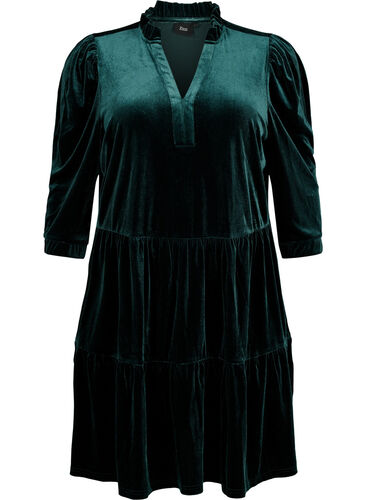 Velour dress with ruffle collar and 3/4 sleeves, Scarab, Packshot image number 0