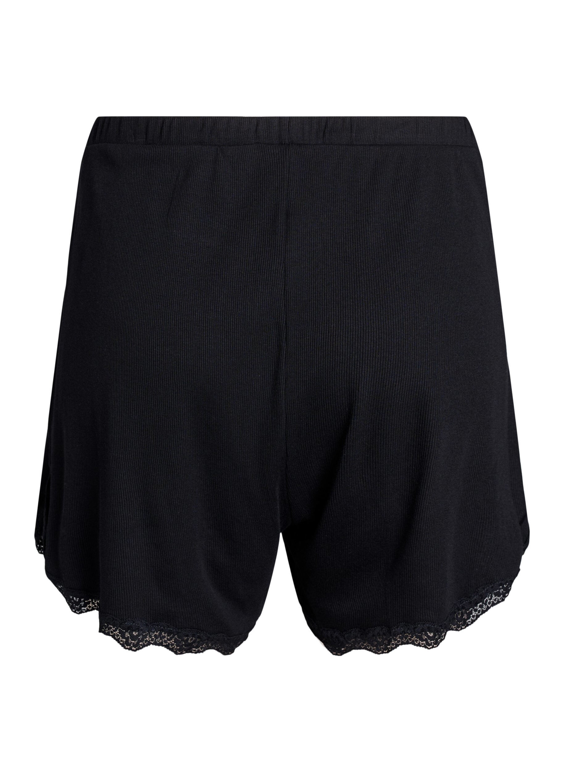 ZizzifashionLoose night shorts with ribbed texture and lace trim, Black, Packshot image number 1