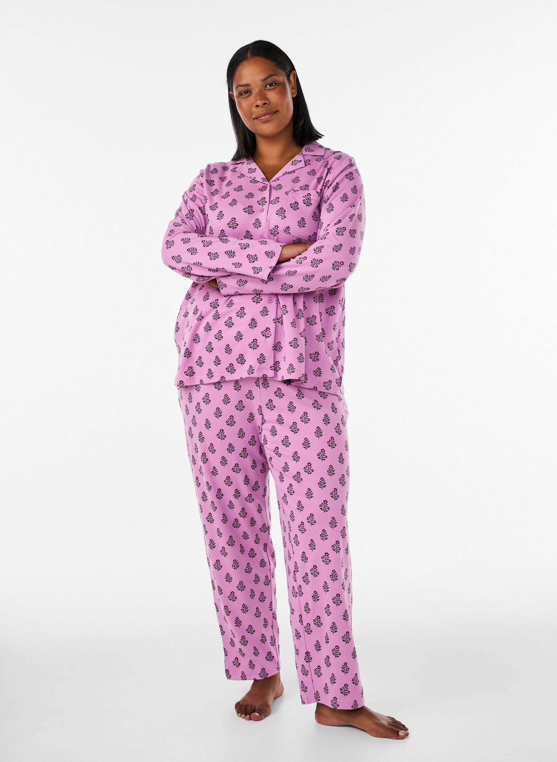 Cotton pyjama trousers with high waist, Rose, Model