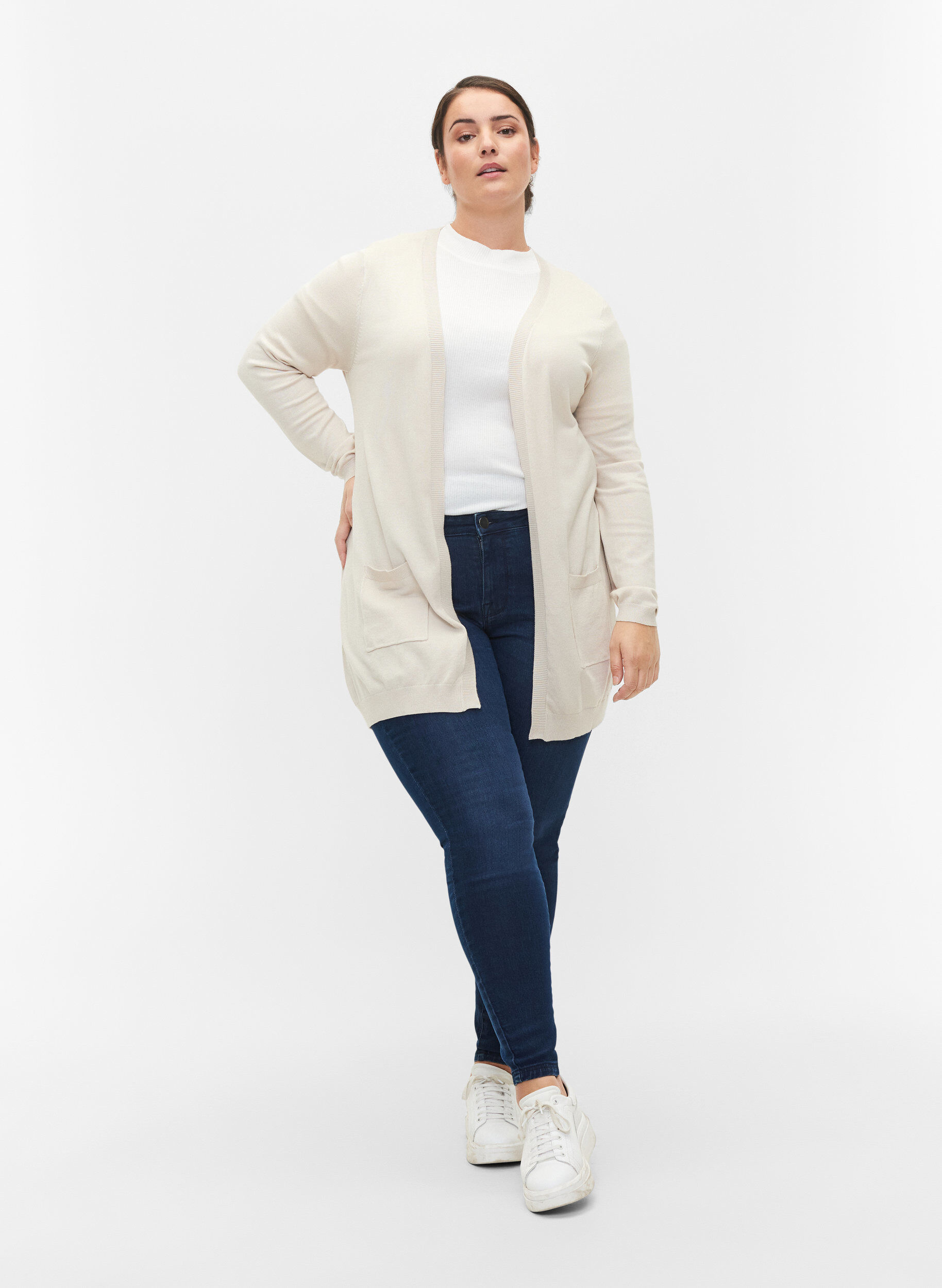 ZizzifashionLong knitted cardigan in a viscose blend, Beige, Model image number 1