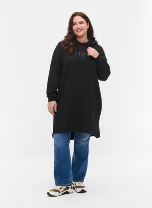 Sweatshirt dress with hood and slit, Black, Model image number 3