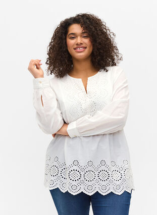 Long-sleeved cotton blouse with embroidery anglaise, Bright White, Model image number 0