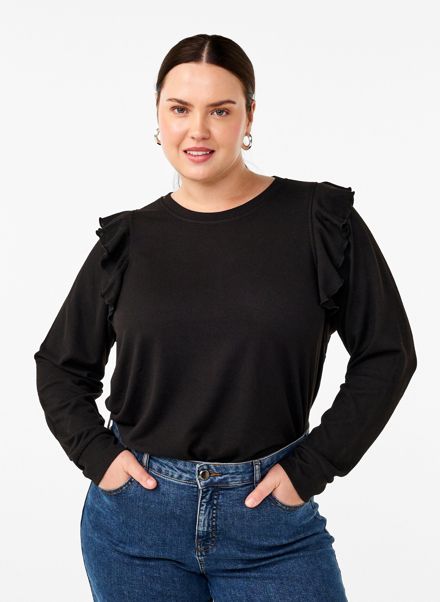 Zizzifashion Long-sleeved blouse with ruffle details, Black, Model image number 0
