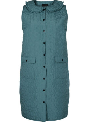 Long quilted vest with collar and frills, Sagebrush Green, Packshot image number 0