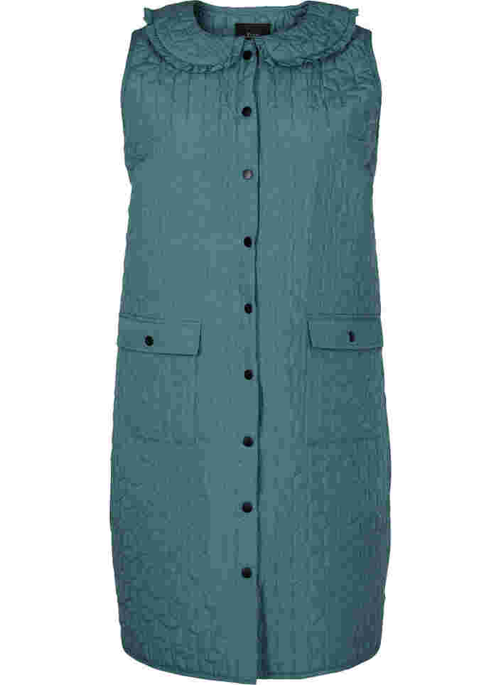 Long quilted vest with collar and frills, Sagebrush Green, Packshot image number 0
