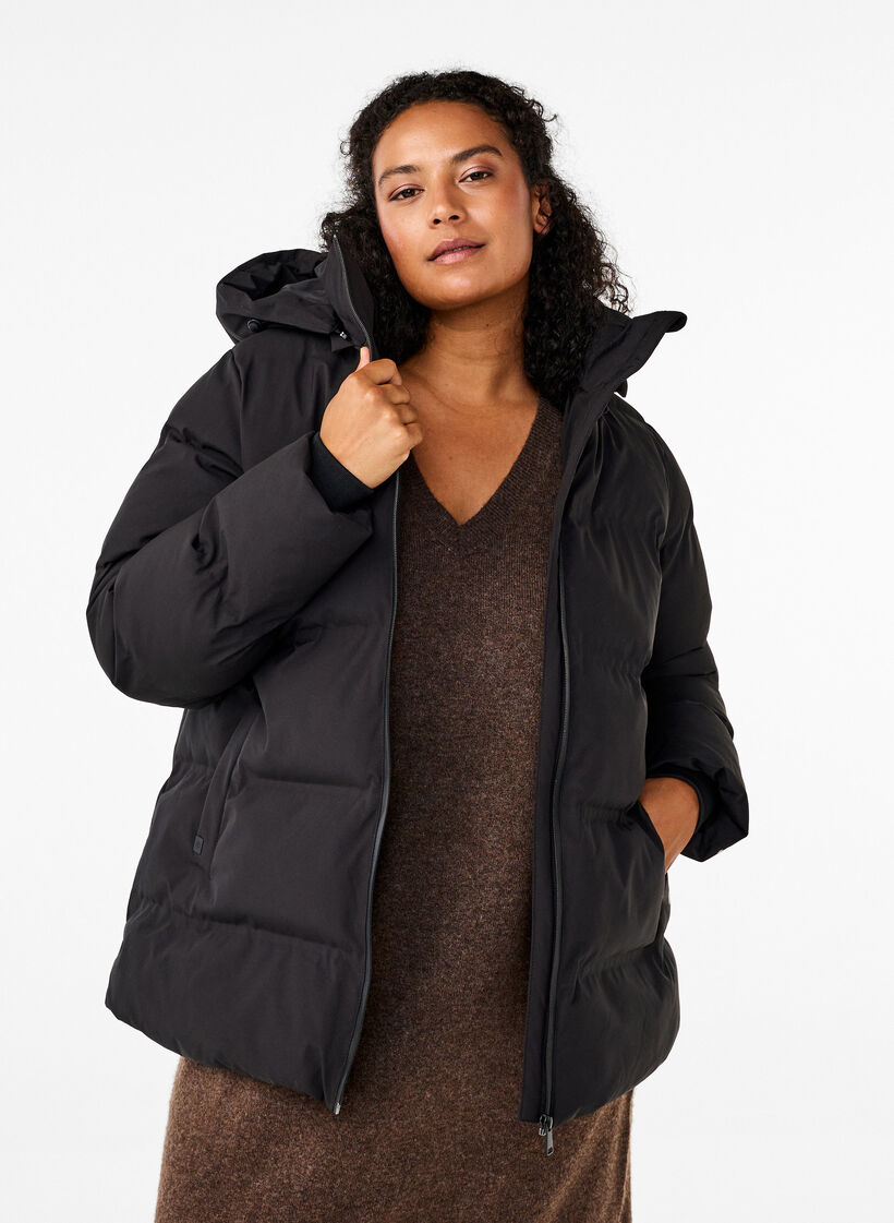 Short puffer jacket with hood, Black, Model image number 0
