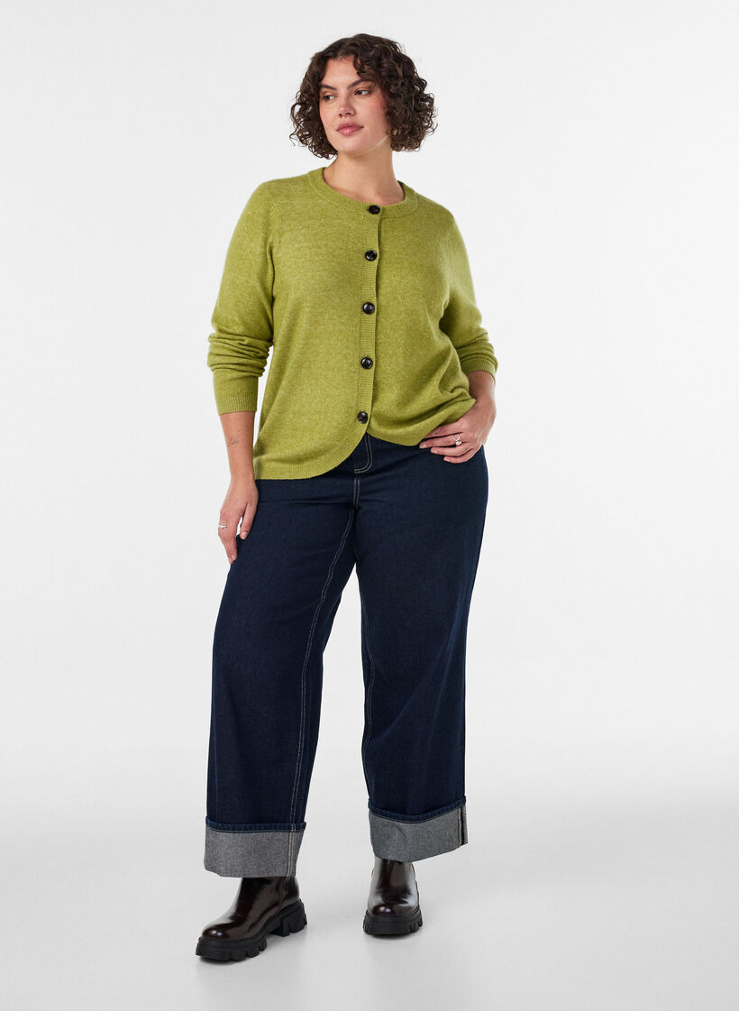 Cardigan with buttons and a rounded front, Green, Model image number 1
