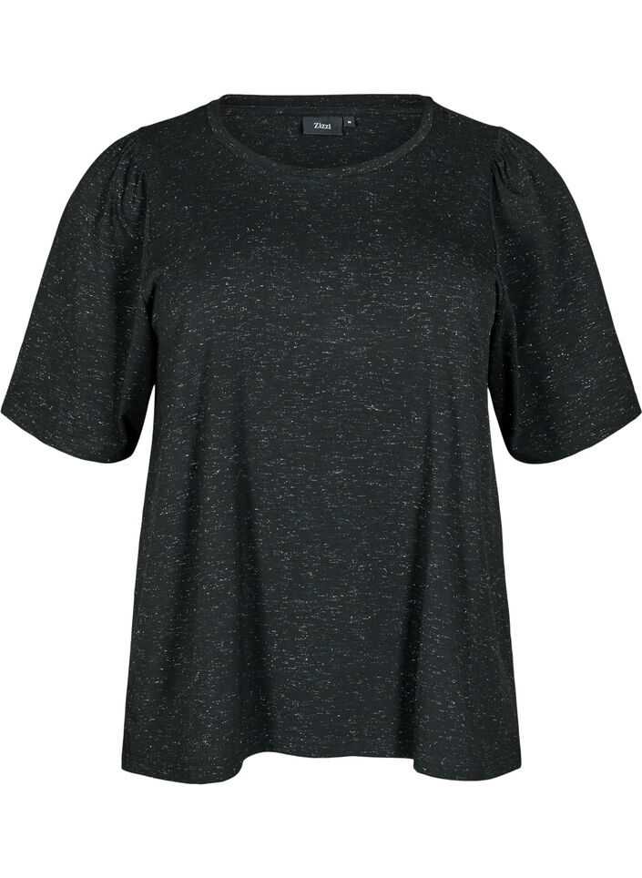 T-shirt with glitter and short puff sleeves, Black, Packshot image number 0