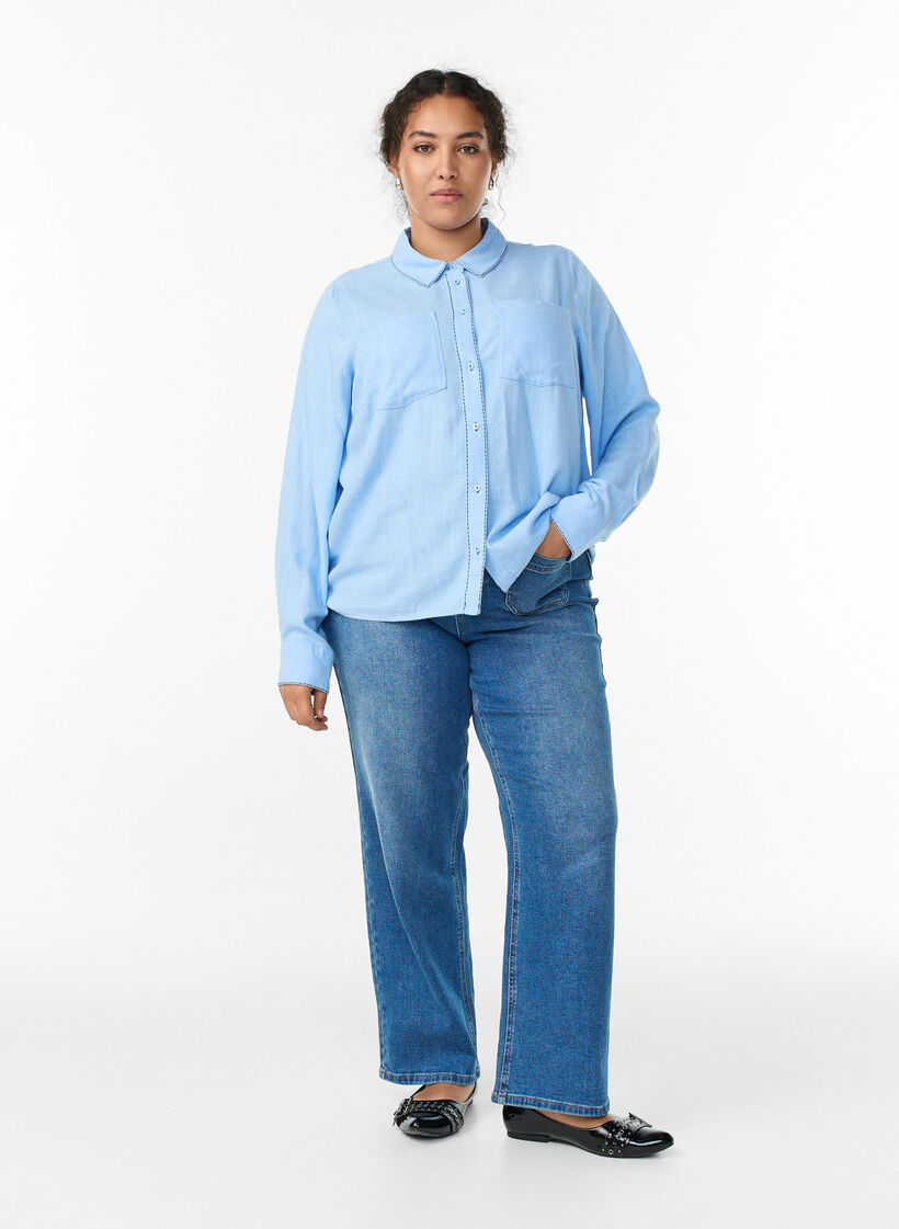 Shirt with contrast stitching and chest pockets, Light Blue, Model image number 1