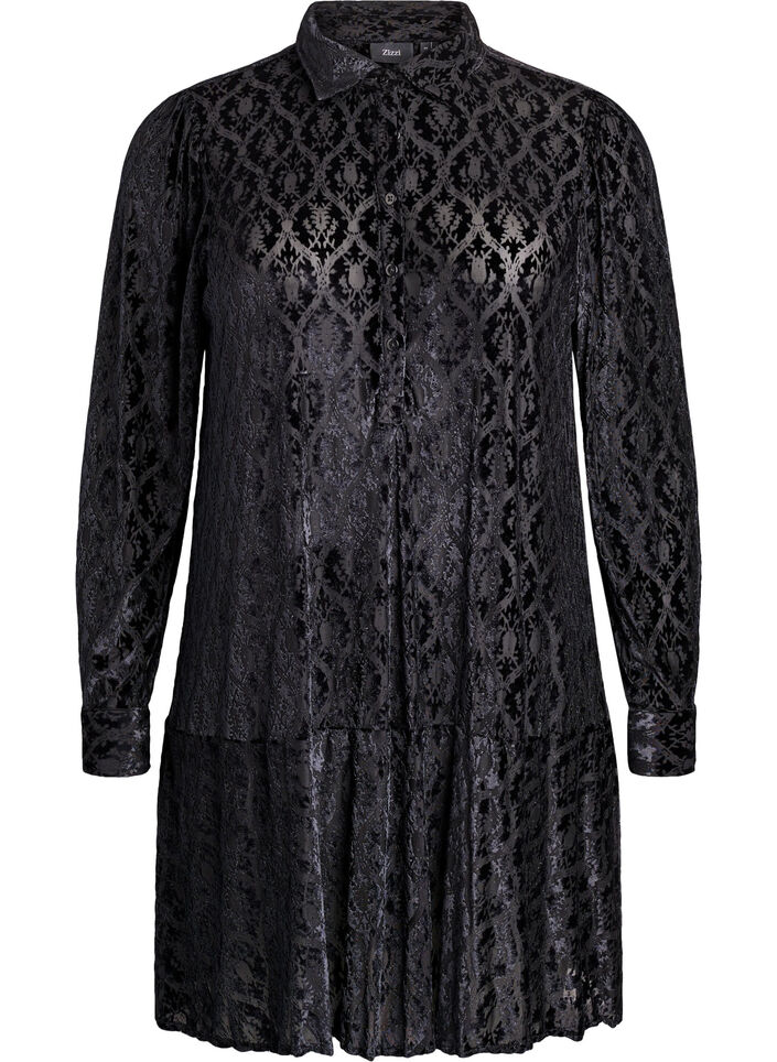 Short dress with a velour pattern, Black, Packshot image number 0