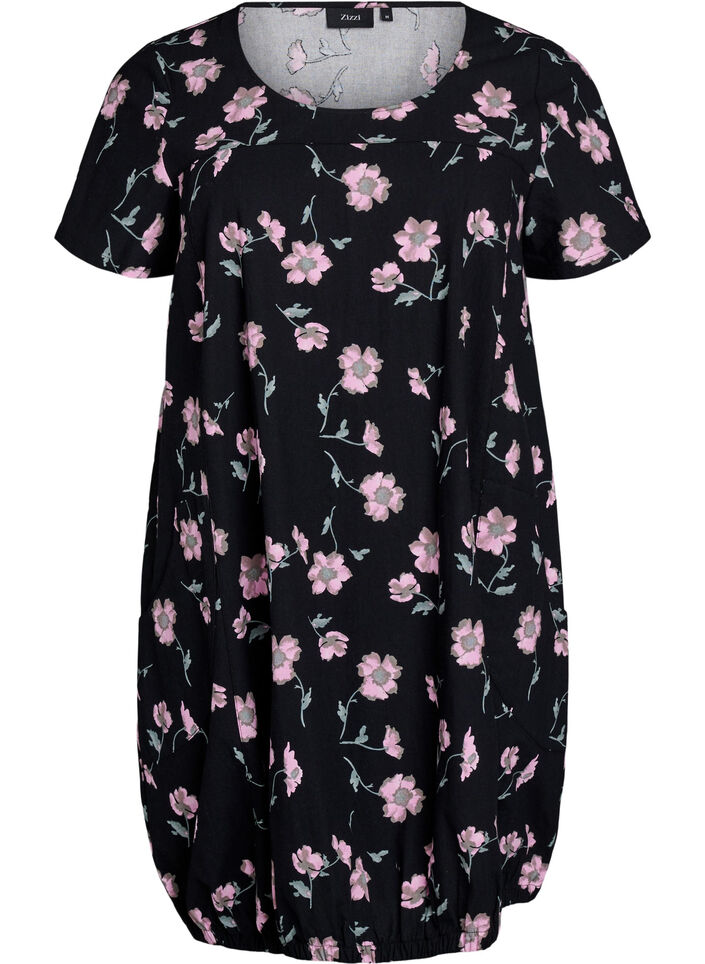Short-sleeved, printed cotton dress, Black, Packshot image number 0