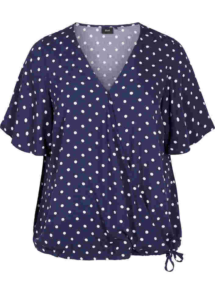 Short-sleeved polka dot wrap blouse, Night Sky Dot, Packshot image number 0