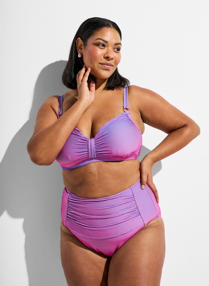 High-waisted bikini briefs with a striped texture, Pink, Model image number 0