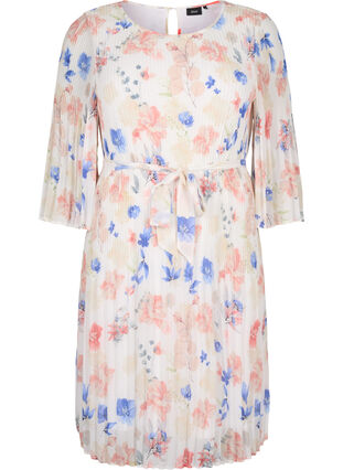 Printed pleated dress with waist tie, White/Blue Floral, Packshot image number 0