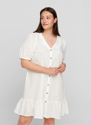 Cotton shirt dress with balloon sleeves, Bright White, Model image number 0