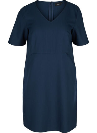 Plain-coloured sheath dress with a v-neck, Navy Blazer, Packshot image number 0