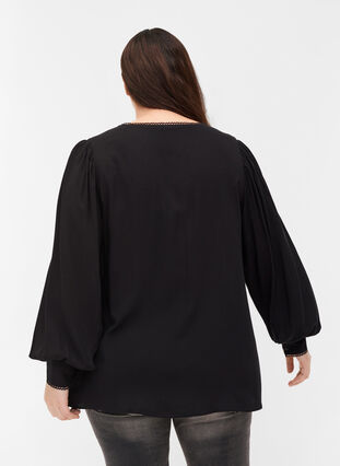 Viscose blouse with buttons and balloon sleeves, Black, Model image number 1