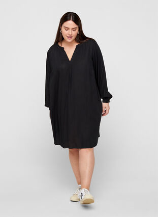 Long-sleeved dress in viscose, Black, Model image number 2