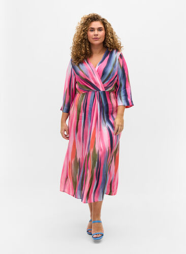 Printed midi dress with 3/4 sleeves, Pink AOP, Model image number 0