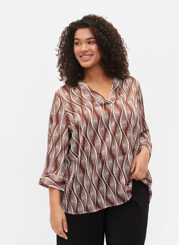 Printed blouse with 3/4 sleeves, Brown Abstract AOP, Model image number 0