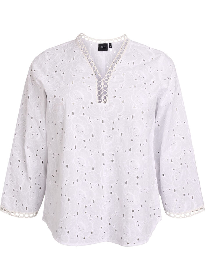 Long-sleeved cotton blouse with broderie anglaise, White, Packshot image number 0