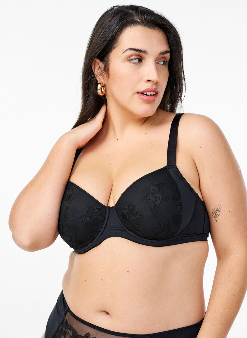 Padded bra with floral embroidery, Black, Model image number 2