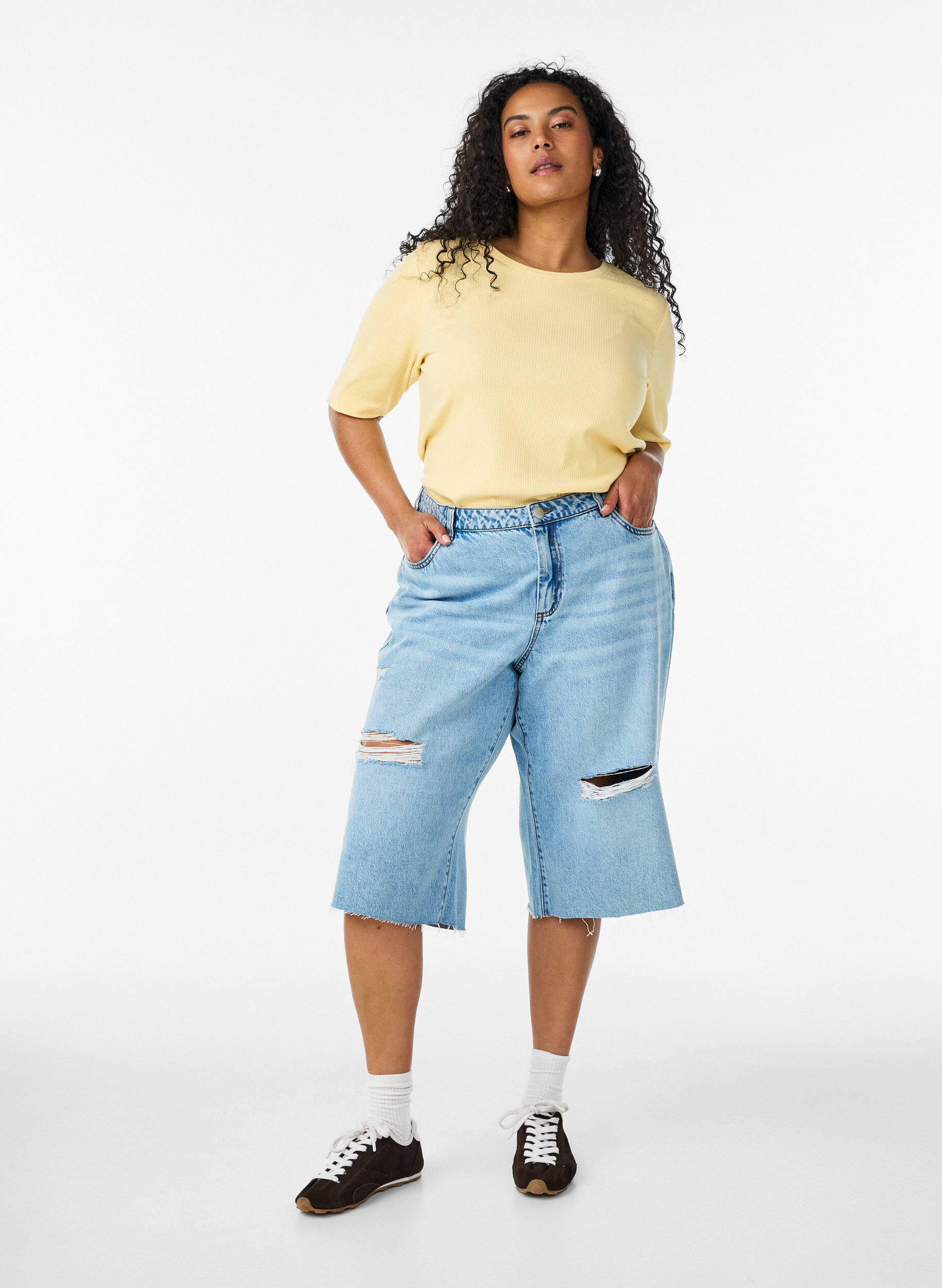ZizzifashionRibbed jersey blouse with short sleeves, Yellow, Model image number 1