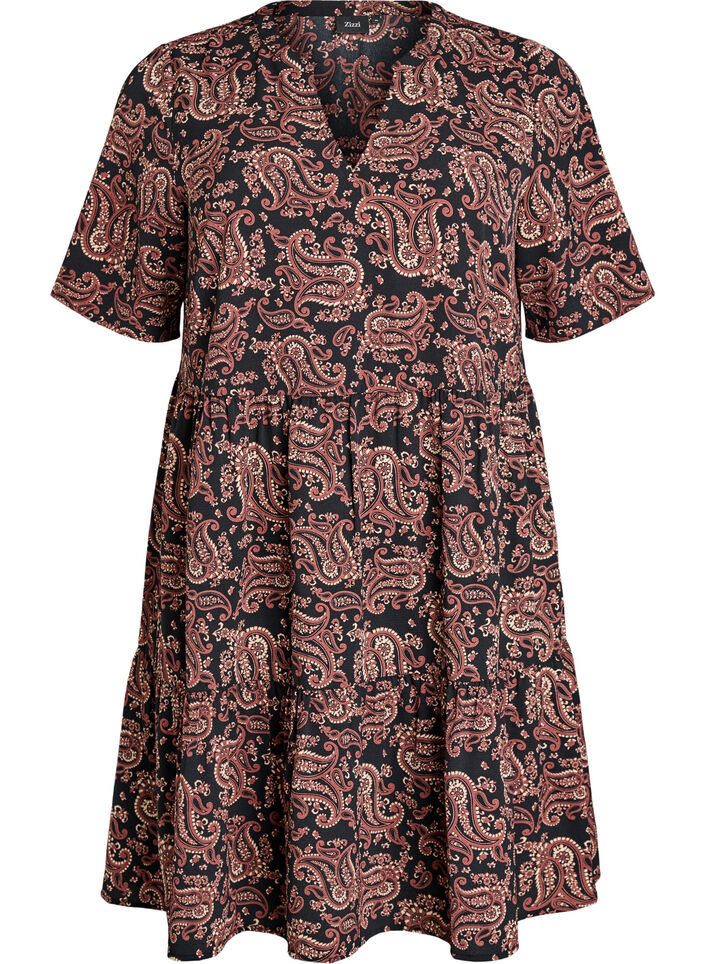 Short sleeve dress with a-line and cutlines, Black, Packshot image number 0