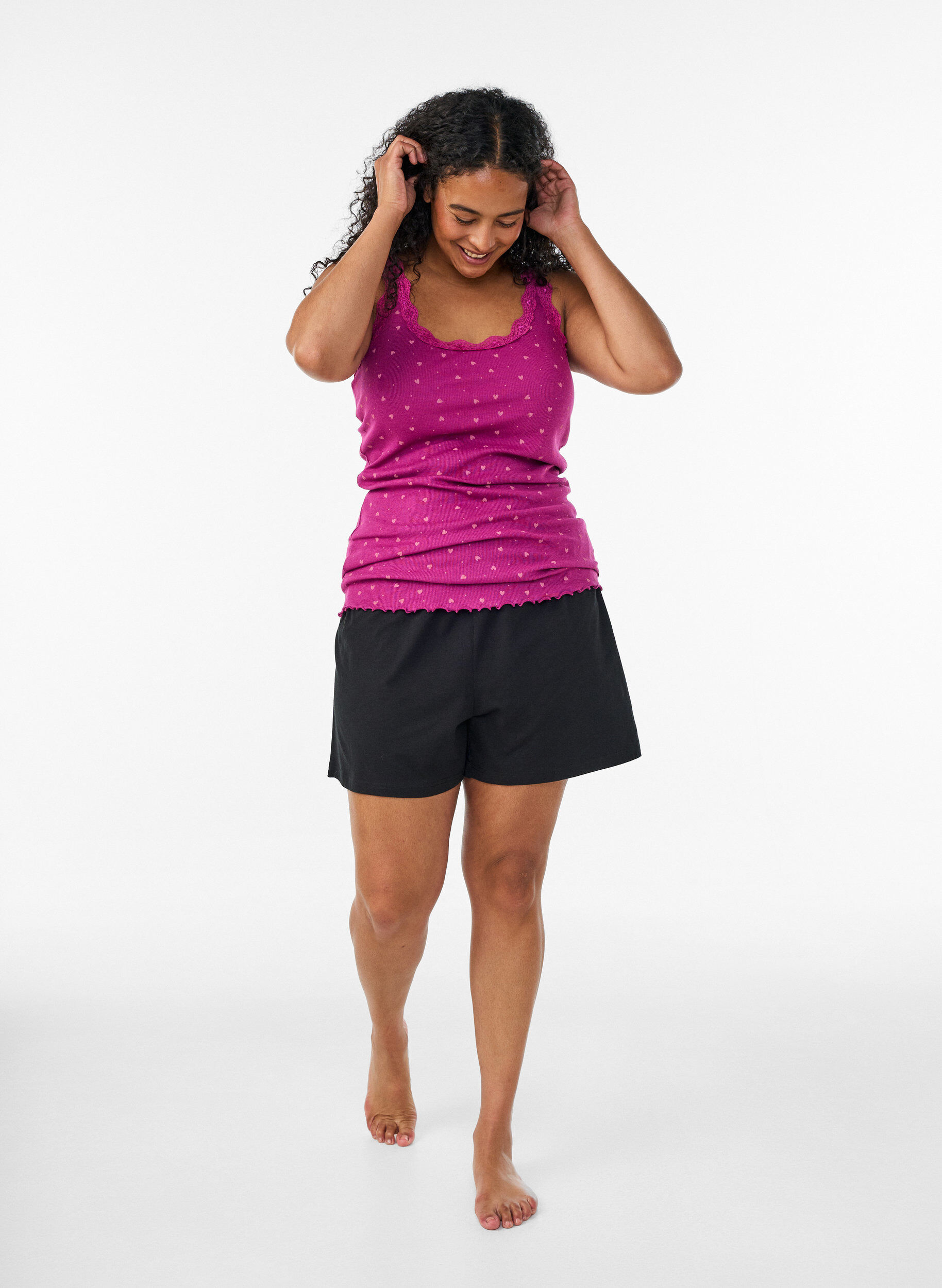 ZizzifashionTop with print and lace edge, Purple, Model image number 1