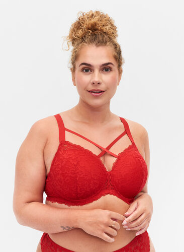 Padded bra with lace and cross detail, Red Ass., Model image number 0