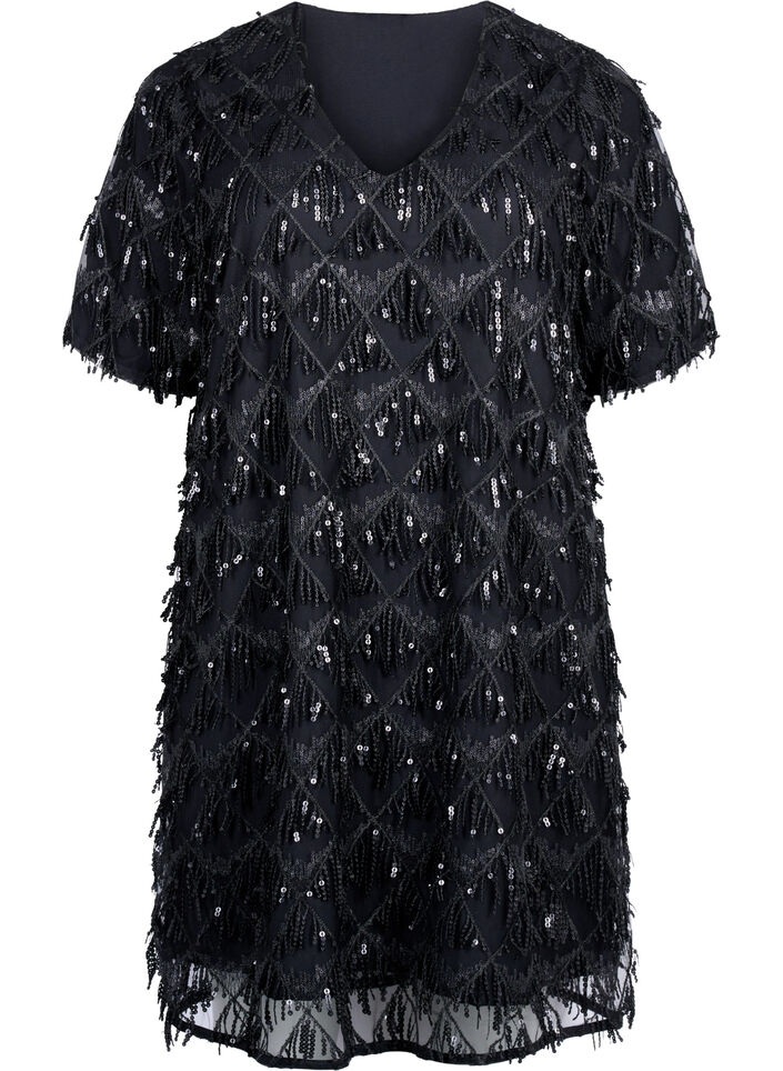 Short dress with sequin fringes, Black, Packshot image number 0