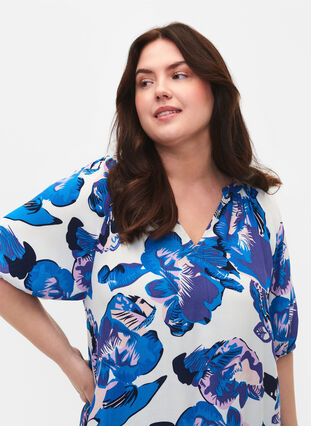 Short sleeve midi dress with print, Bright White AOP LE, Model image number 2