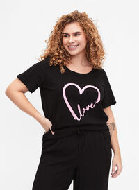 Crew neck cotton T-shirt with print, Black W. Heart L., Model