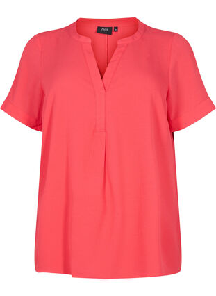 Short-sleeved blouse with v-neckline, Hibiscus, Packshot image number 0