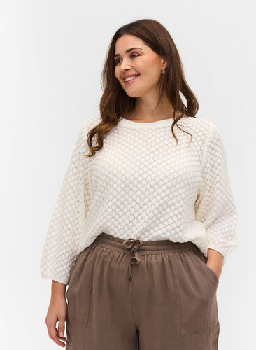 Patterned knitted blouse in organic cotton with 3/4 sleeves, Cloud Dancer, Model image number 0