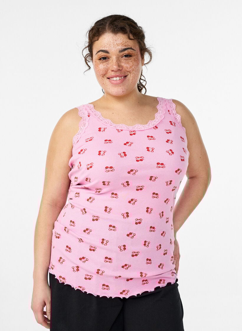 Top with print and lace edge, Pink, Model image number 0