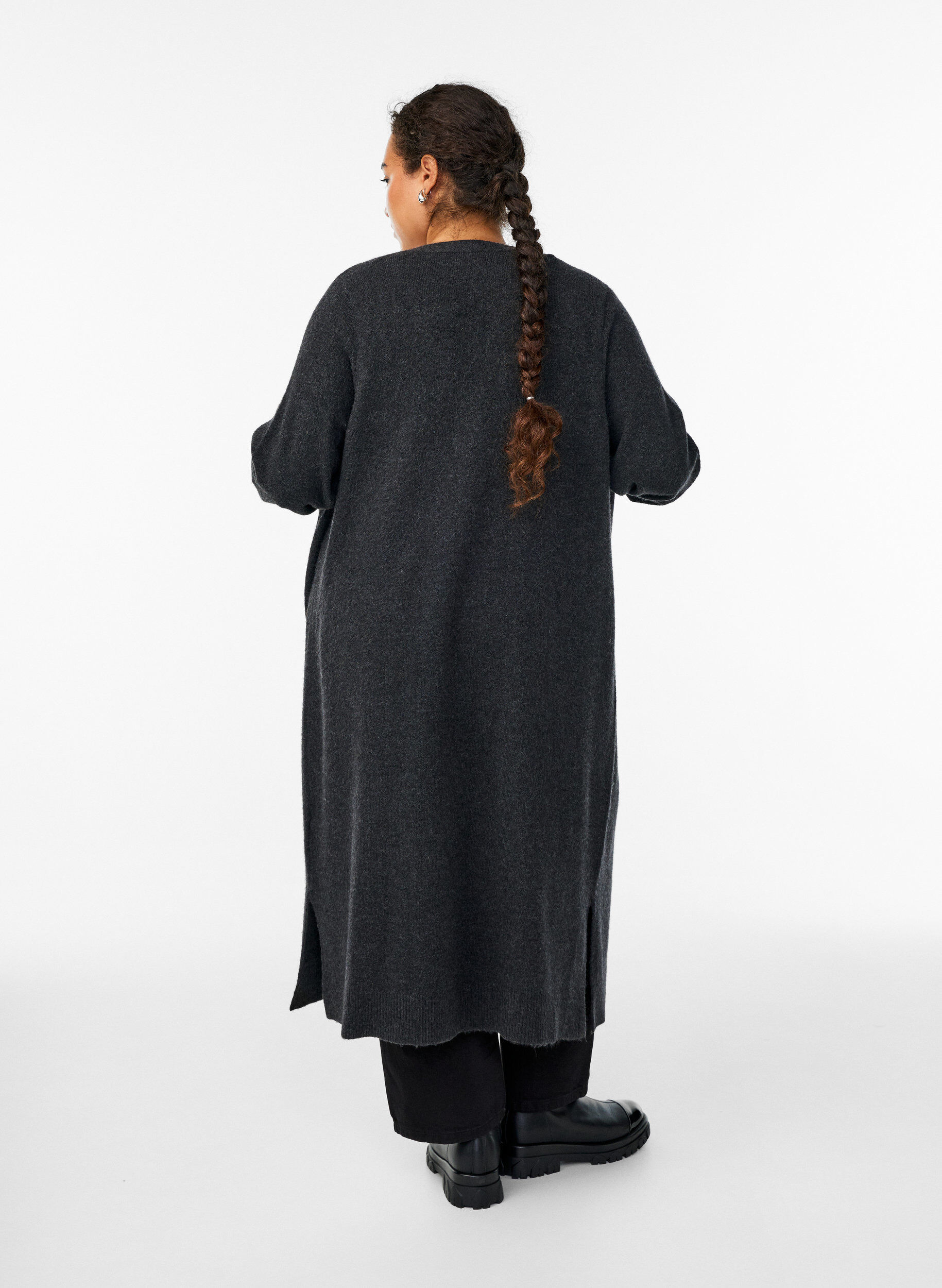Zizzifashion Long knit cardigan with pockets, Dark Grey, Model image number 1