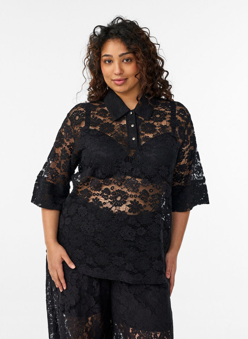 Lace blouse with collar and 1/2 sleeves, Black, Model image number 0