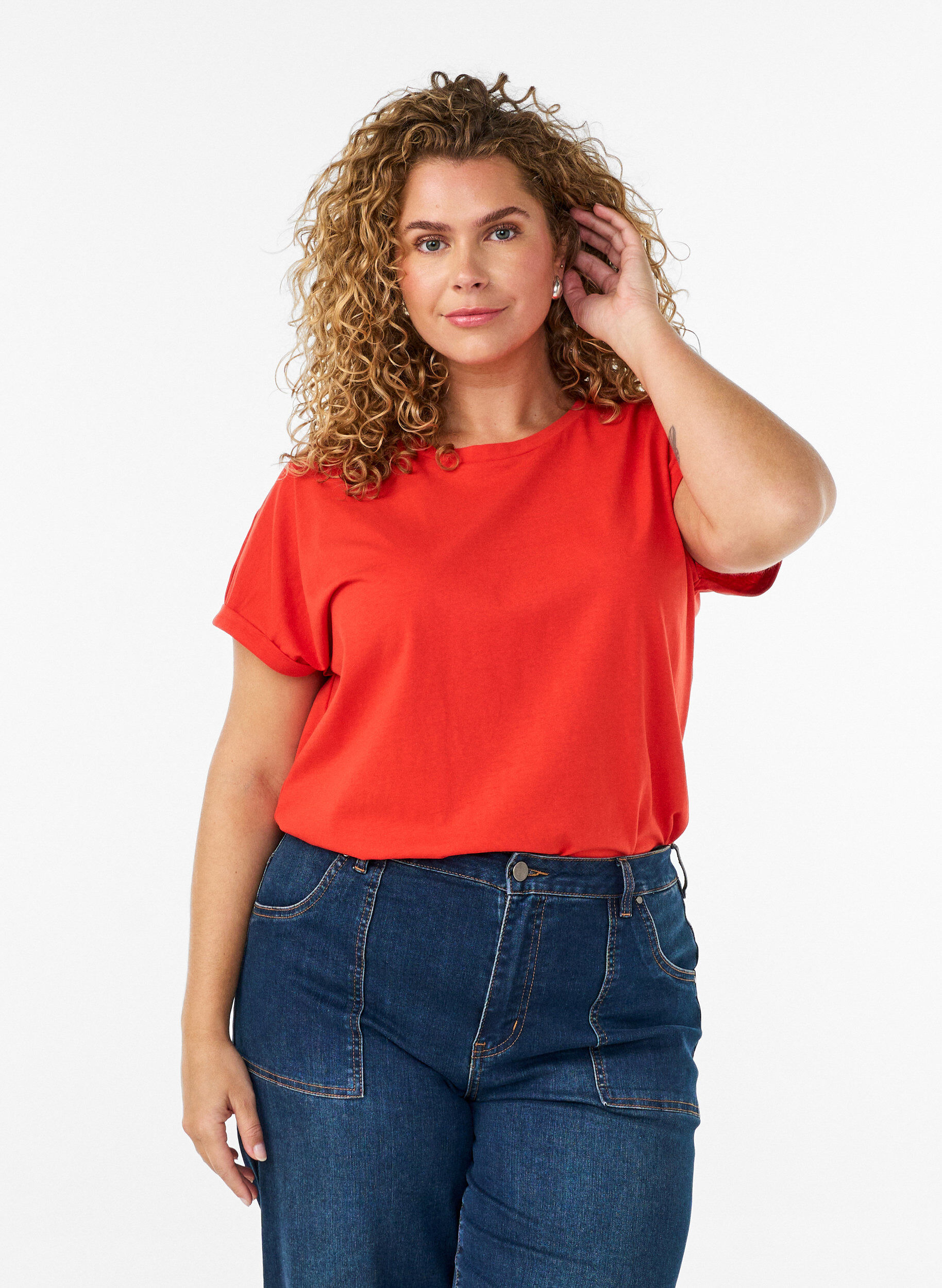 Short-sleeved cotton blend T-shirt, Orange, Model
