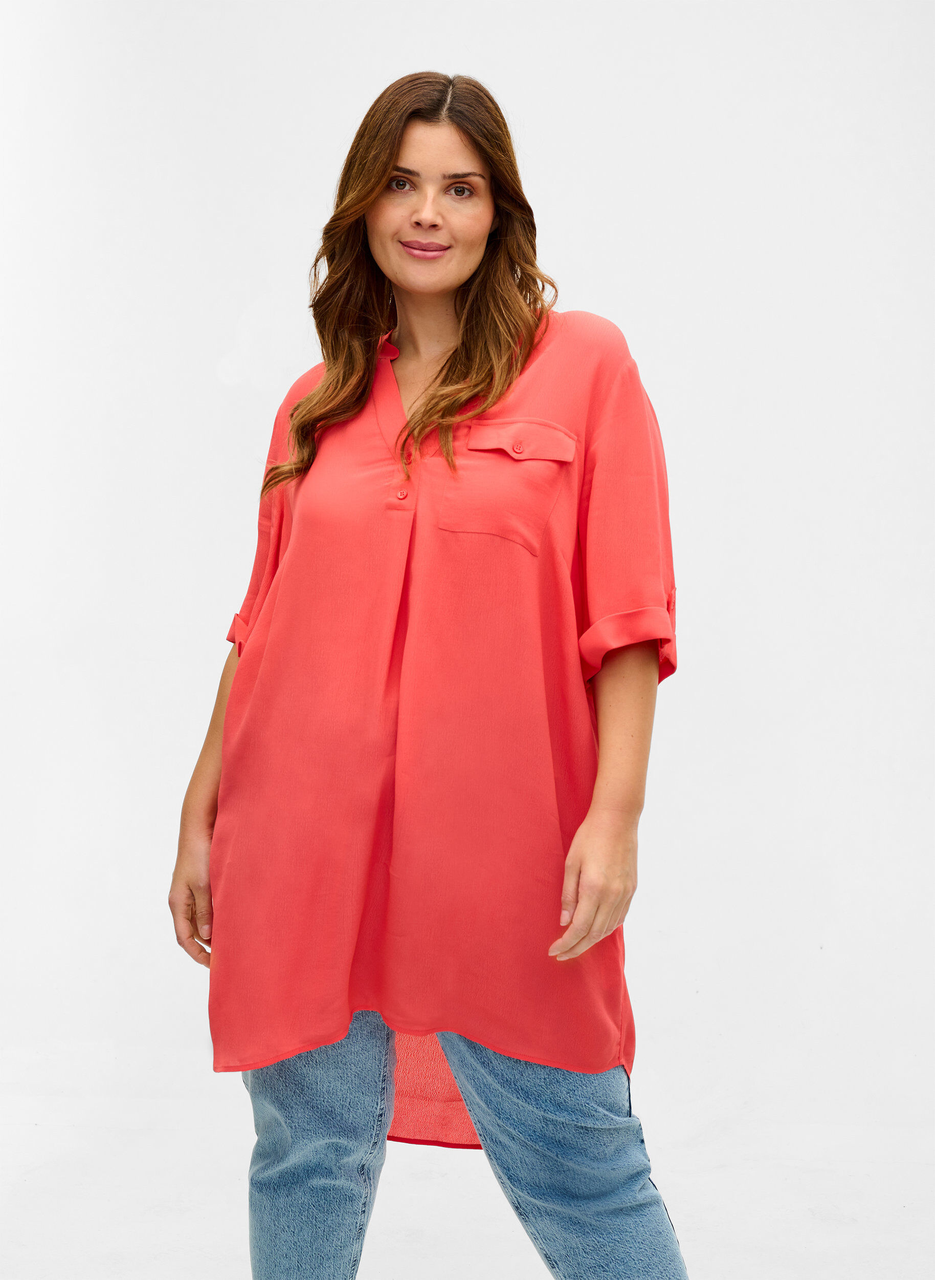 Zizzifashion Viscose tunic with short sleeves, Hot Coral, Model image number 0
