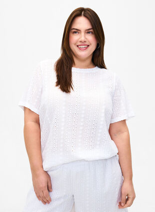 Short sleeve blouse with textured pattern, Bright White, Model image number 0