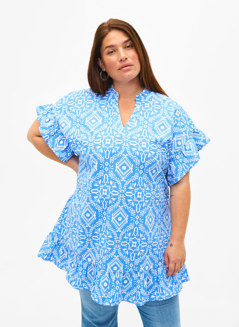 Floral cotton tunic in cotton, Marina Flower AOP, Model image number 0