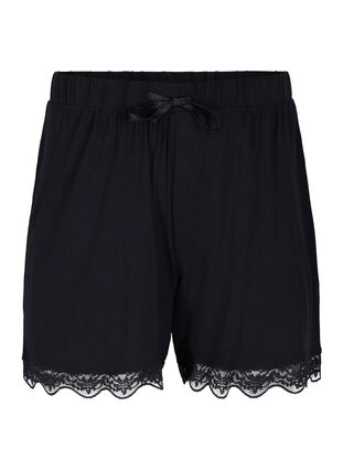 Viscose pyjama shorts with lace detail, Black, Packshot image number 0